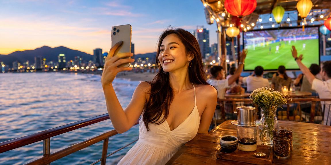 Người dùng Đà Nẵng đang nhận hỗ trợ tài khoản bl55 tại quán cà phê buổi sáng