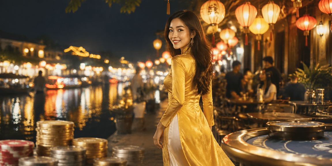Người dùng Hội An trong trang phục áo dài kiểm tra tài khoản và thông tin thanh toán
