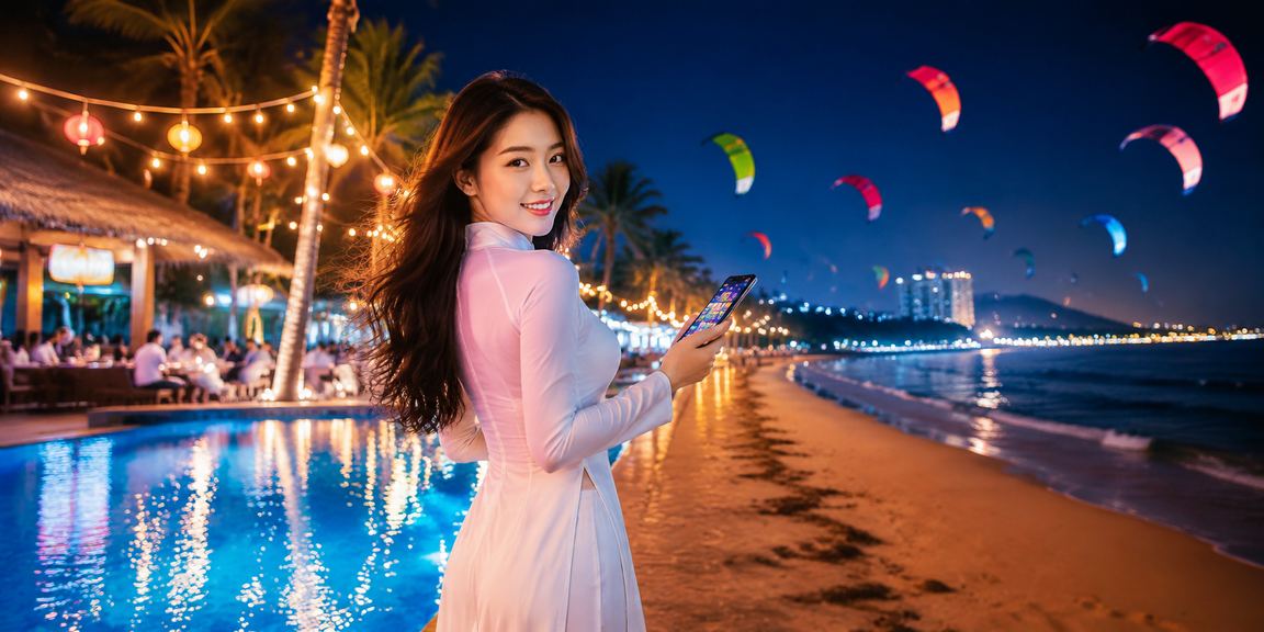 Người phụ nữ mặc áo dài tại bãi biển Mũi Né thư giãn và tận hưởng giải trí có trách nhiệm