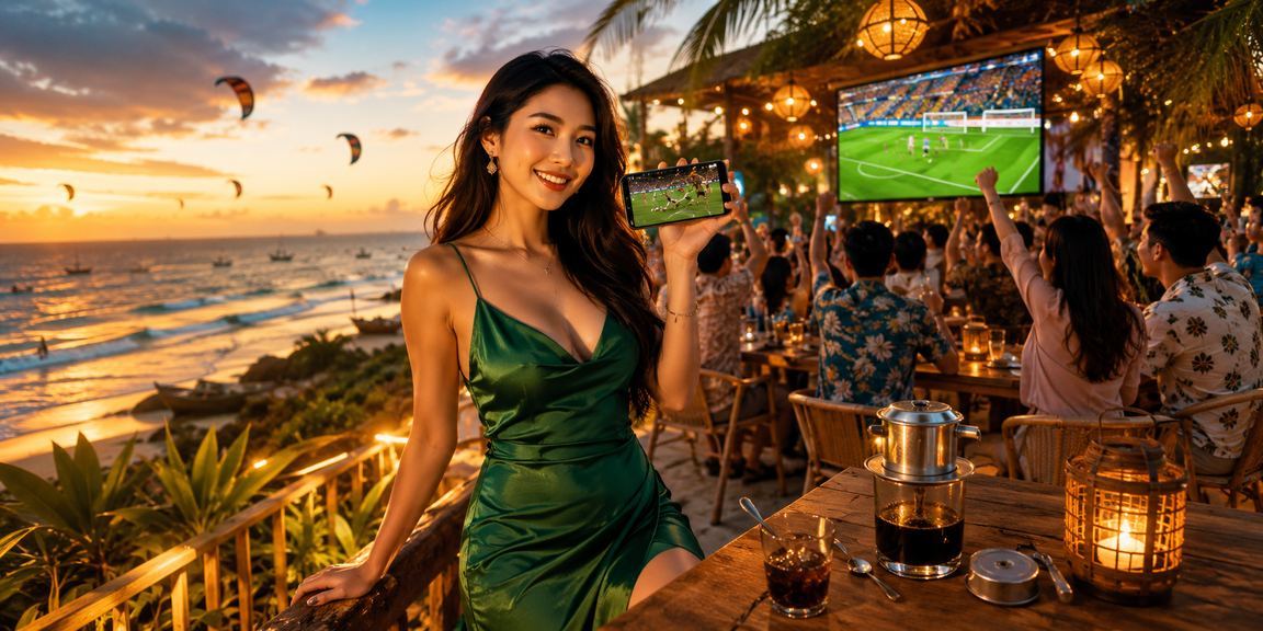 Người dùng Mũi Né ngồi tại quán cà phê kiểm tra kết quả cá cược và liên hệ hỗ trợ
